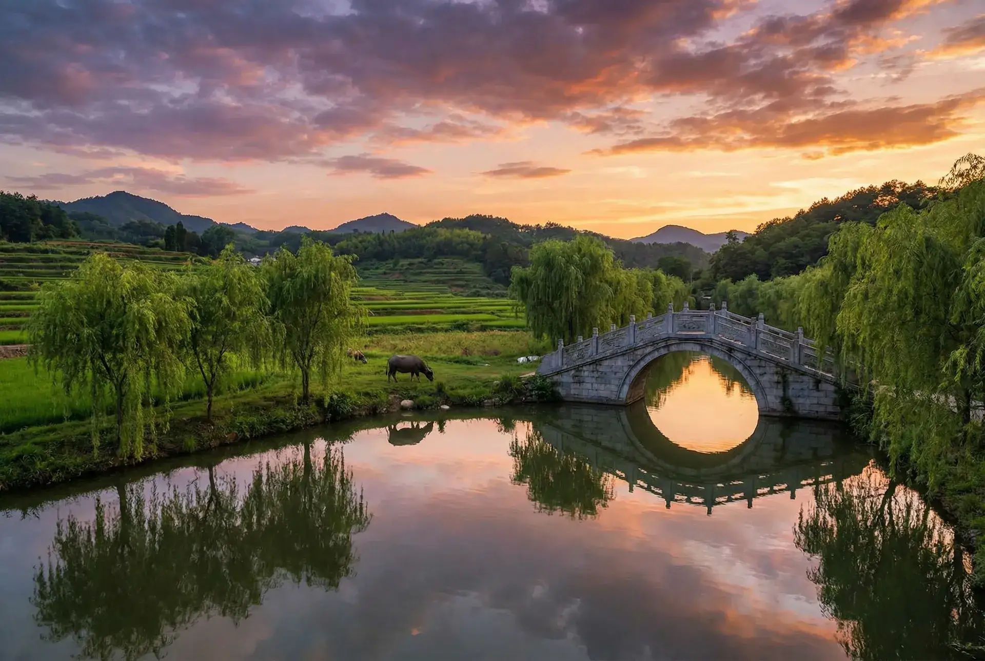 夕阳下的石拱桥与垂柳，水牛在河边吃草 - 爱琴岛 乡村美景